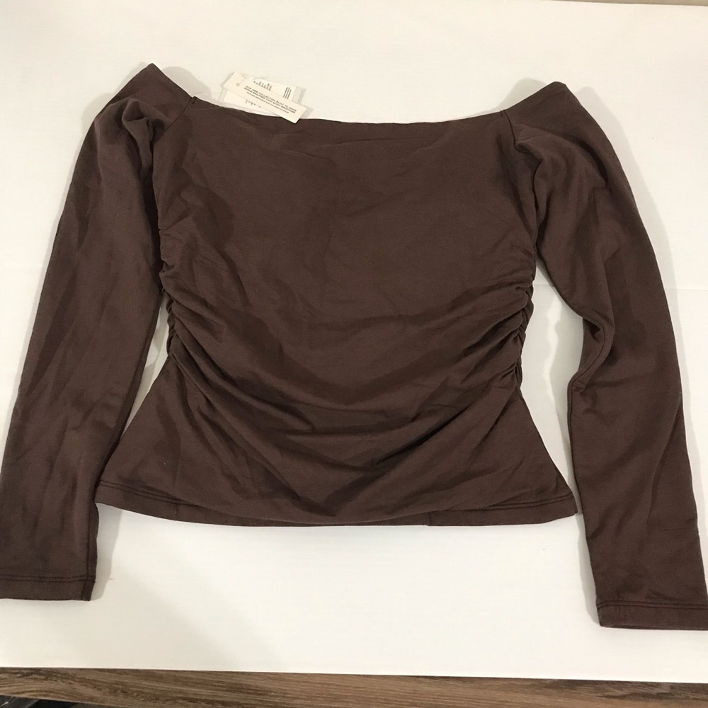 NWT Abercrombie & Fitch Brown Off-Shoulder Ruched Long-Sleeve Top Size S - Picture 3 of 6